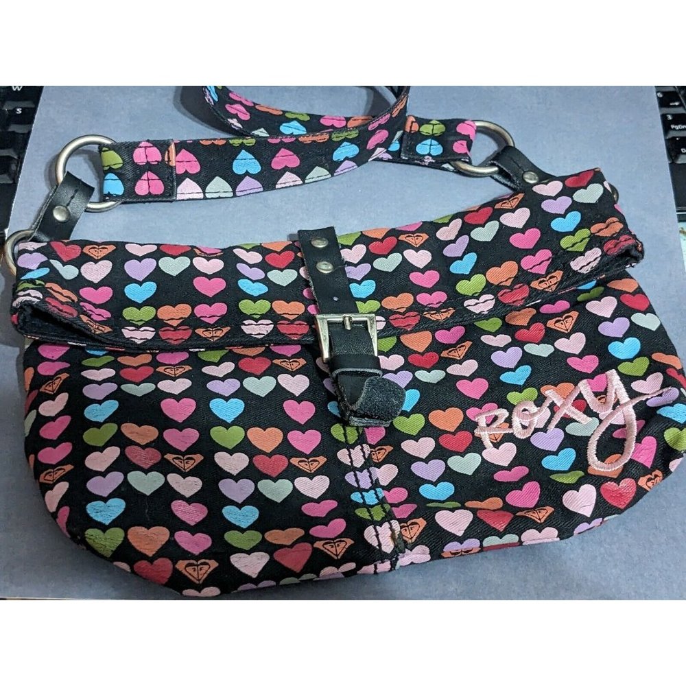 Roxy Fold Over Flap Colorful Heart Bag Snap Closure 10 in long x 7 in tall Y2K